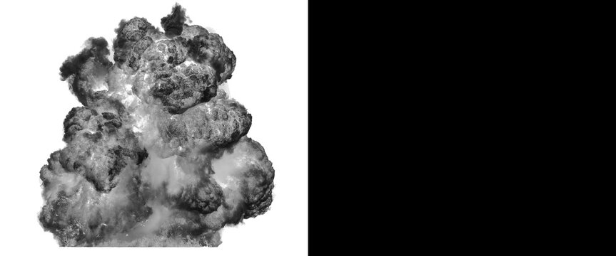 Dramatic explosion smoke cloud on black background, thick billowing smoke plume, realistic fire blast effect, cinematic volcanic ash cloud