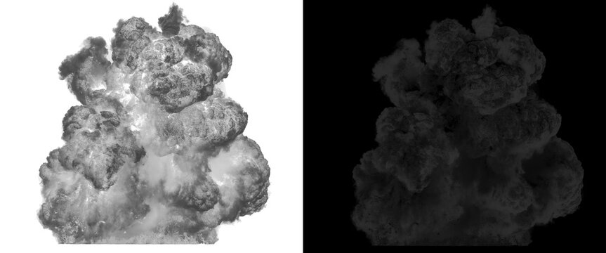 Dramatic smoke explosion on white and black background, thick billowing smoke clouds, monochrome dust blast effect for compositing and design