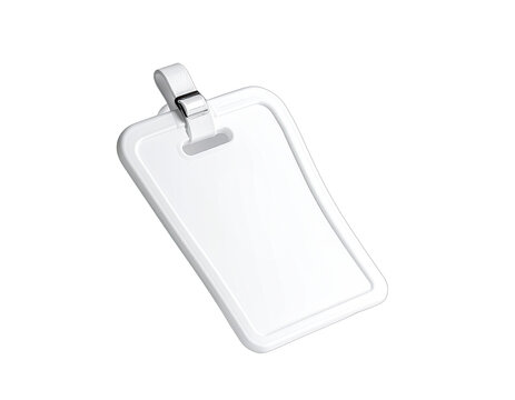 A blank white identification card with a loop for attaching a strap on a white background