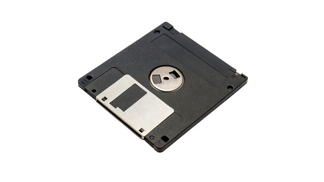 A classic black vintage computer floppy diskette for retro data storage hardware isolated on transparent background cut out