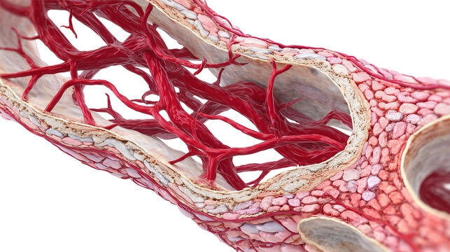 Isolated anatomical illustration of spongy bone tissue with blood vessels on transparent background, medical education and scientific design concept
