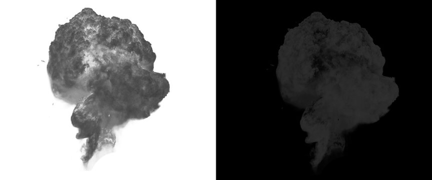 Dramatic black smoke explosion on white background, thick dark plume of smoke with alpha channel mask, cinematic volcanic ash cloud effect