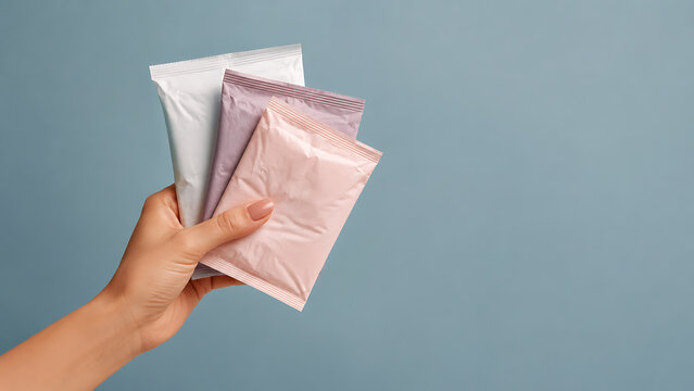 Menstrual hygiene day representation featuring a female hand holding three individually wrapped sanitary pads in pastel white purple and pink colors over plain blue background