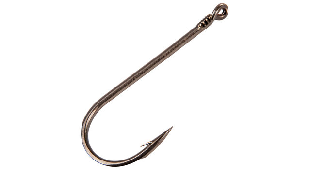 A sharp metallic silver metal fishing hook tool for outdoor angling gear isolated on transparent background cut out	