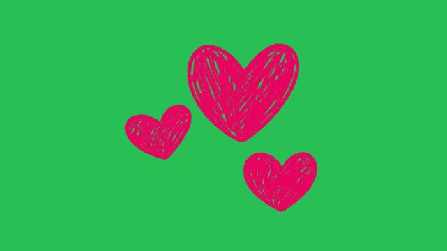 Hand Drawn Pink Hearts Animation Overlay with Cute Textured Cartoon Scribble Romance Elements on Green Screen
