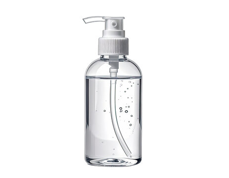 Clear liquid in a pump dispenser bottle with bubbles, isolated on white background