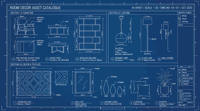 Room decor asset catalogue blueprint with furniture and lighting