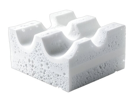 White textured foam block with concave contours and porous texture