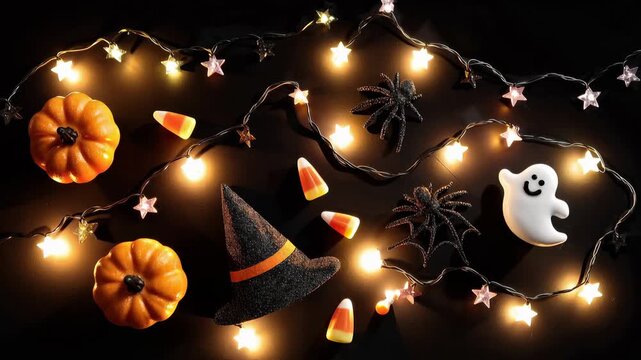 Bright lights and fun items fill a table with Halloween decorations, featuring pumpkins, candy, and spooky elements for celebration.