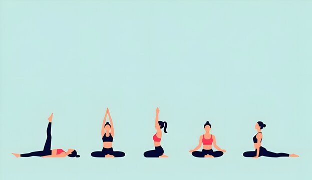 Women practicing different yoga asanas vector illustration on blue background
