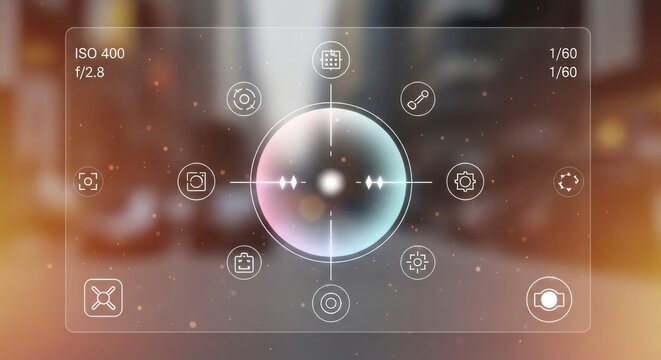 Camera interface display with central focus and various function icons