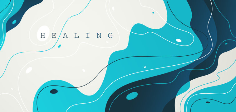 Blue lava shapes flow abstract background, vector wallpaper with liquid shapes flowing in dynamic motion, wavy water curves abstraction.
