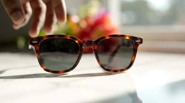 Close Up of Tortoise Shell Sunglasses on Marble Surface with Bright Floral Background and Soft Natural Light