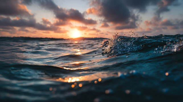 Breaking ocean wave splashing at sunset with golden hour light and scenic sky