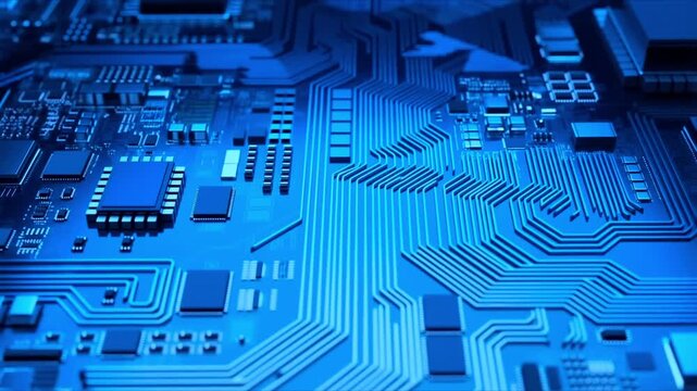 Circuit Board Close-up: A detailed macro view of a blue circuit board, showcasing intricate pathways and electronic components, representing the complexity of modern technology.