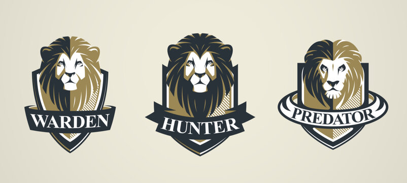 Aggressive lion predator emblem set representing strength, dominance and wild instinct, perfect for sports teams, gaming, esports logos and brand identities.