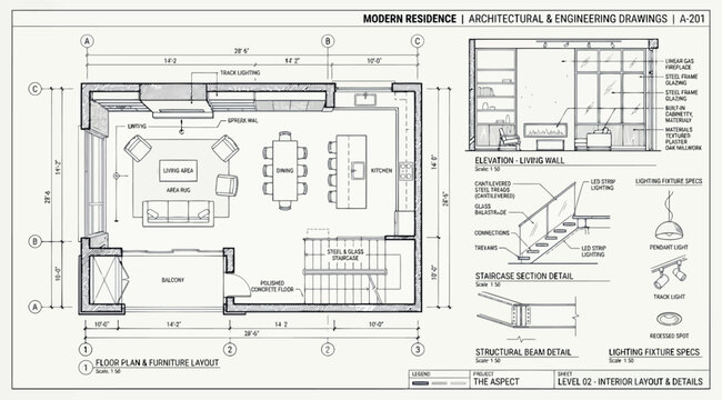 Modern residential interior layout plan with staircase and lighting details