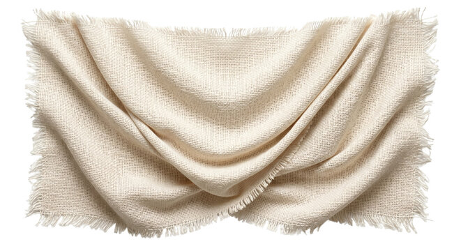Fringed cream burlap fabric banner template isolated on transparent background