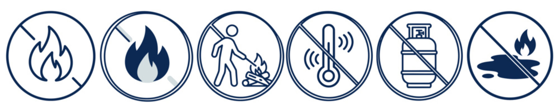Fire Safety And Hazard Warning Vector Icon Set Featuring No Fire Sign, Burn Restriction, Temperature Alert, Gas Cylinder Warning And Flammable Symbols