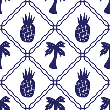 Hand-drawn summer seamless pattern. Navy blue pineapple and palm tree on a white background.