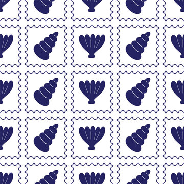Hand-drawn summer seamless pattern. Navy blue seashells on a white background