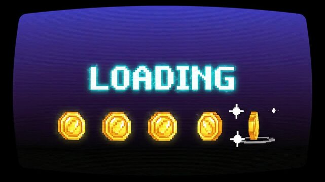 Retro Video Game Loading Screen with Coins and Pixelated Text Effect