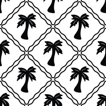 Hand-drawn summer seamless pattern. Black palm tree on a white background