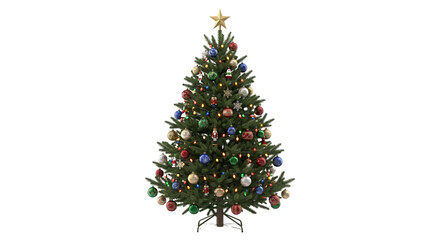 Naklejka premium Lush decorated Christmas tree with golden star topper on transparent background