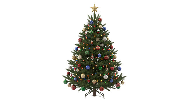 Lush decorated Christmas tree with golden star topper on transparent background