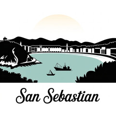 Obraz premium San Sebastian Skyline Silhouette — A Refined Coastal Bay City in Spain Vector Illustration