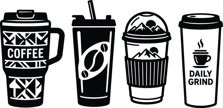 Diverse array of stylish black and white coffee cup vector designs, flawless for beverage branding and visual resources.