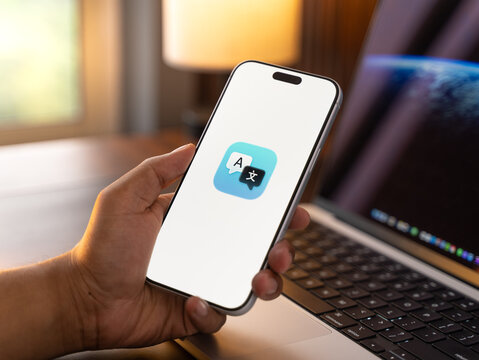 Apple Translate app logo is displayed on a smartphone screen in Bangalore, India, on May 15, 2026
