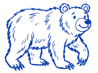 Obraz premium Cute Walking Bear Illustration, Minimalist Blue Line Art Vector Sketch of Whimsical Chinoiserie Style Grizzly with Fluffy Fur