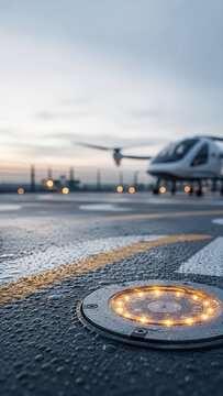 Modern Vertiport Runway with LED Landing Light and eVTOL Air Taxi at Dusk