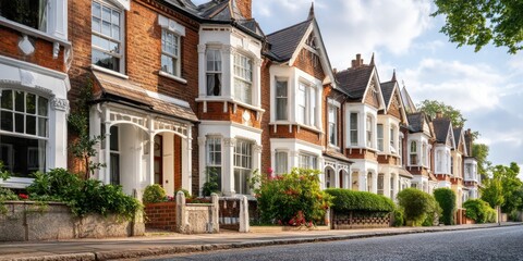 Obraz premium Red brick bay houses aligned on leafy residential avenue