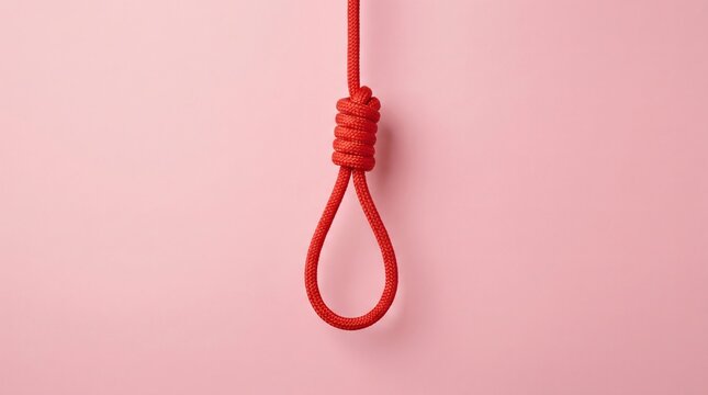 Red Rope Noose Hanging Against a Pink Background, Symbolic of Despair.