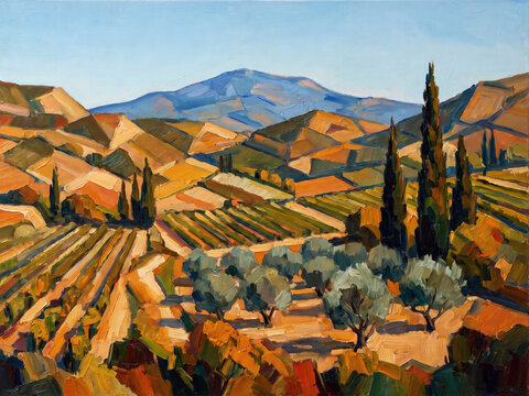 Sunlit provencal landscape with tall cypress trees olive grove terraced vineyard rows and distant blue mountains painted in oil on canvas pastoral mediterranean atmosphere