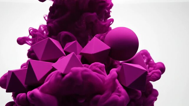 Swirling clouds of purple magenta liquid ink forming sharp geometric shapes like octahedrons and spheres in clear water isolated against a plain white background.