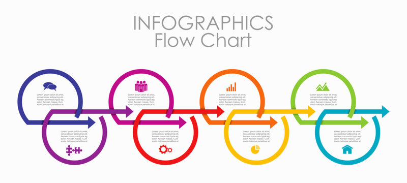 Horizontal business infographic flow chart with eight colorful interlocking circular steps, arrows, icons. Vector illustration.