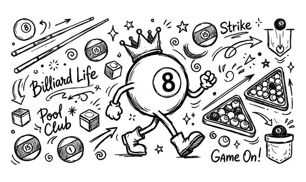 Vintage 1930s Rubber Hose Style King Billiards Ball Mascot and Billiards Pool Doodle Set