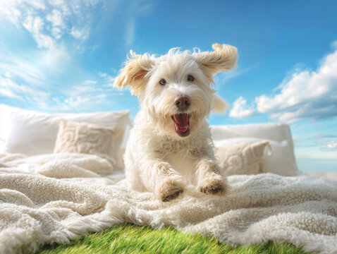 Generative AI Mixed Breed Dog Playing in Heavenly Garden with Blue Sky, Green Grass and Cozy Fabric Blankets