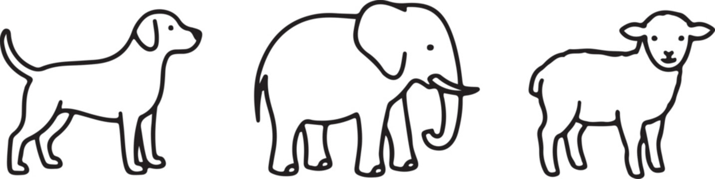 Minimalist animal line art icons, simple black outline dog elephant and sheep vector set, cute hand drawn wildlife and farm animal illustrations
