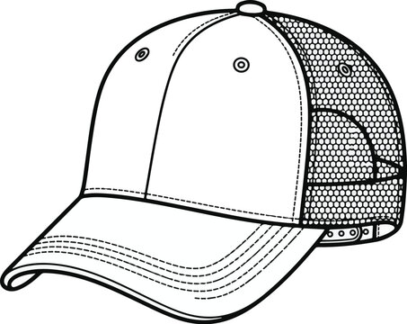Baseball cap line art vector illustration, blank trucker hat template, headwear sketch for mockups, snapback cap icon, minimalist fashion accessory line drawing, sport cap outline for coloring