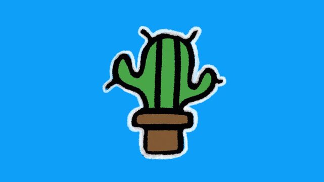 Hand Drawn 2D Animated Potted Cactus Sticker Graphic with White Outline on Blue Screen