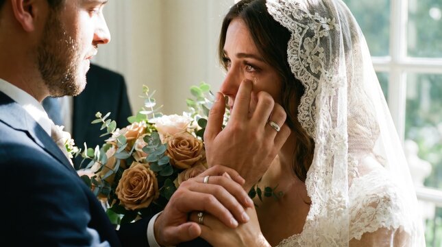 Bride crying on her wedding day, supported by her groom