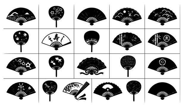 Japanese Fan Black Vector Icon Set Traditional Sensu Collection