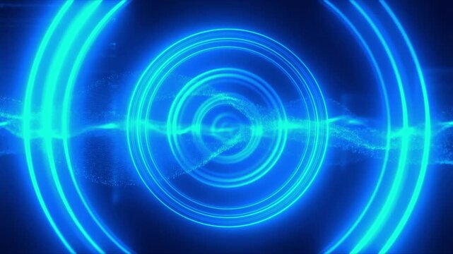 Abstract Blue Futuristic Interface: A mesmerizing abstract visualization featuring concentric neon blue circles and a glowing waveform against a dark backdrop.