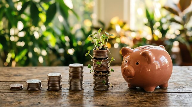 Piggy bank and growing coins on wooden table symbolize financial growth and savings
