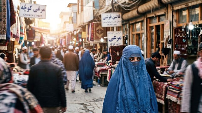 Woman in a blue burqa in a bustling Afghan market street