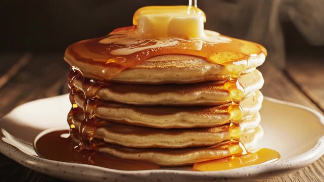 Stack of golden brown fluffy pancakes on a white speckled plate with a pat of butter, featuring thick amber maple syrup cascading down the side on a rustic dark wooden tabletop.